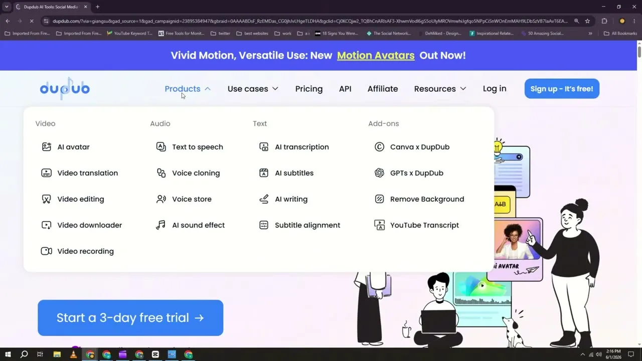 DupDub's text-to-speech product menu, showing the AI voice tool used to narrate the ChatGPT-written script without any script review step