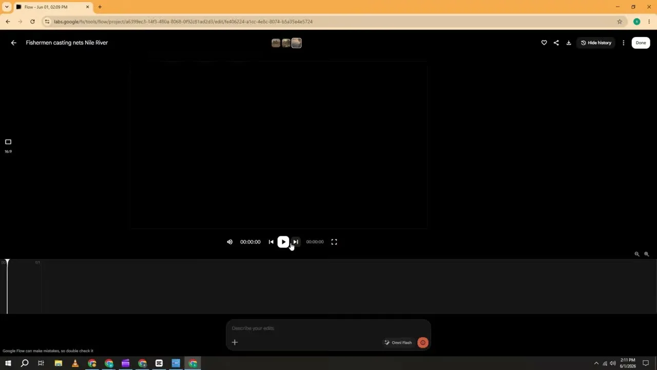 Google Flow's clip generation interface mid-render on a scene titled 'Fishermen casting nets Nile River,' generated from a ChatGPT prompt with no research or sourcing step