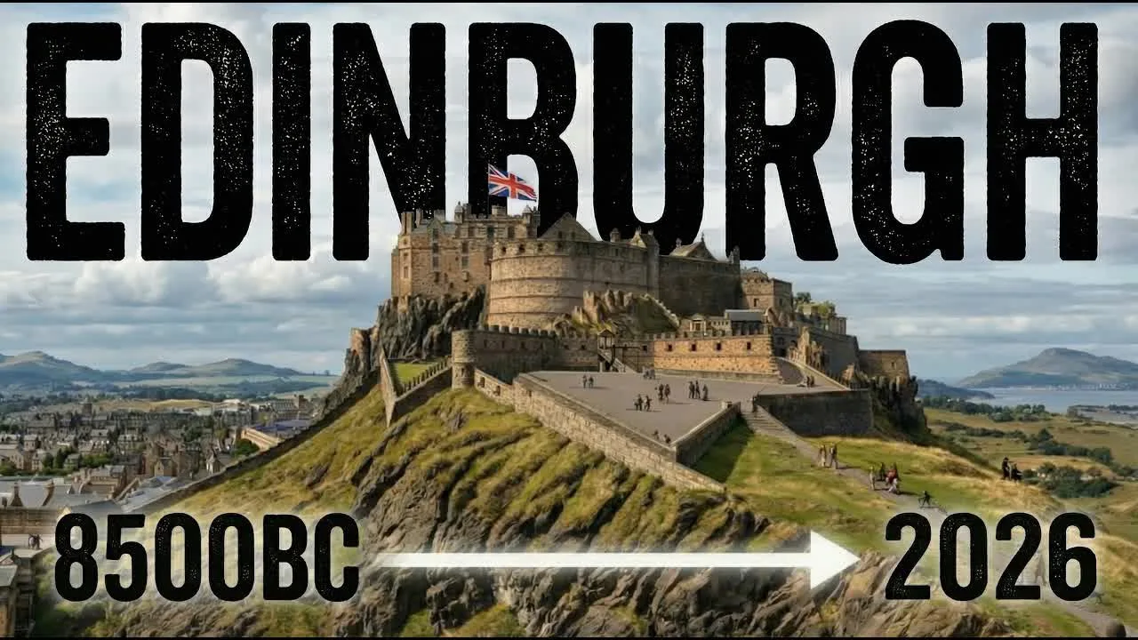 Majestic Studios' YouTube thumbnail for 'The Entire History of Edinburgh in 39 Minutes,' captioned 8500BC to 2026 — a precise-sounding date with no source attached