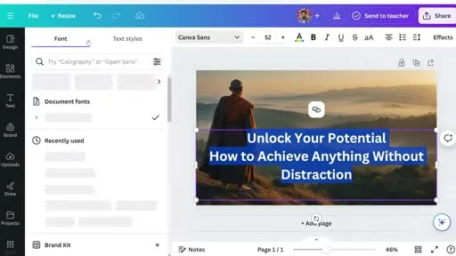 Canva's thumbnail editor in use, dropping title text onto a scene image for a faceless YouTube video