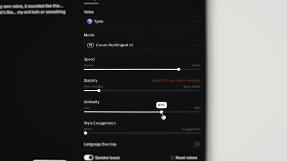 ElevenLabs Multilingual v2 settings panel showing Speed, Stability, Similarity, and Style Exaggeration sliders, with a warning that stability under 30% may lead to instability