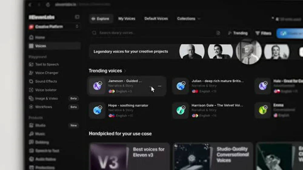 ElevenLabs Voice Library filtered to Narrative and Story voices, showing trending options tagged for long-form narration