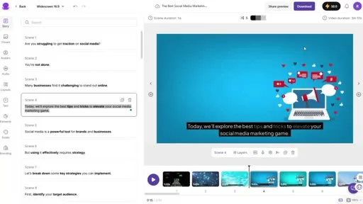 Pictory AI's scene-based editor interface shown mid-test, with script text on the left and B-roll preview on the right