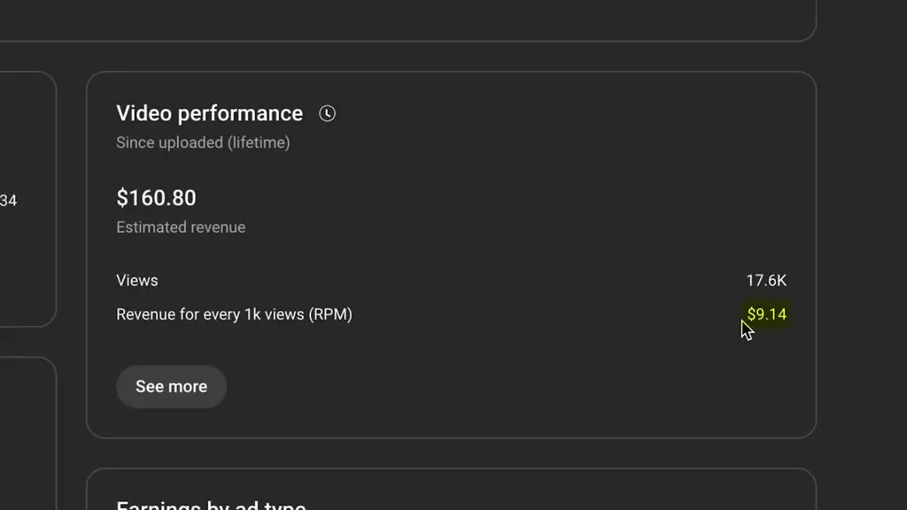 YouTube Studio showing $9.14 RPM on the 32-minute version of a video, roughly double the $4.00 RPM of the same topic at 9 minutes