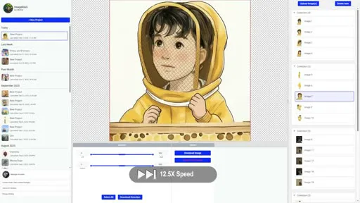Imager asset-library interface showing dozens of numbered, organized character images ready to drag into scenes