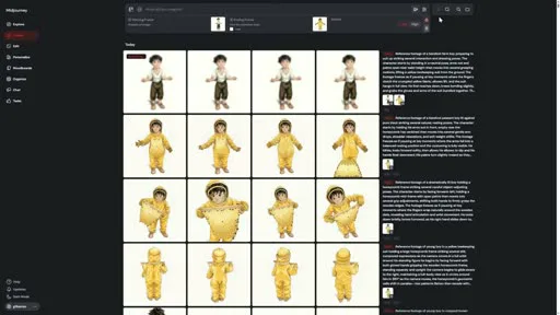 Midjourney's organize view showing a grid of the same illustrated boy character in a beekeeper costume, extracted as consistent frames from generated video
