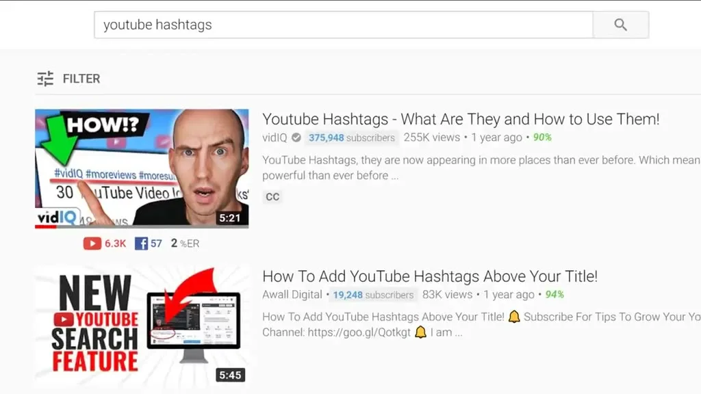 YouTube search results for 'youtube hashtags' showing vidIQ's tutorial ranked first with 255K views a year after it was published