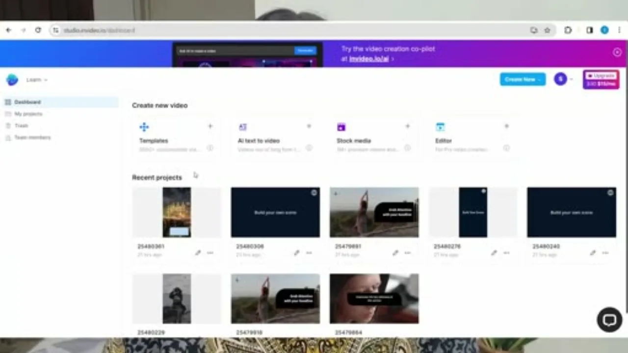 InVideo's dashboard showing a batch of recently generated faceless videos built from templated stock footage