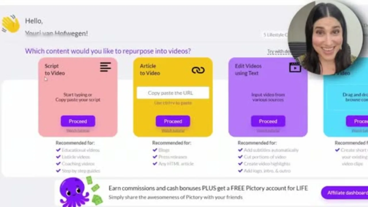 Pictory's content-selection screen, the first click in a one-click faceless video creator