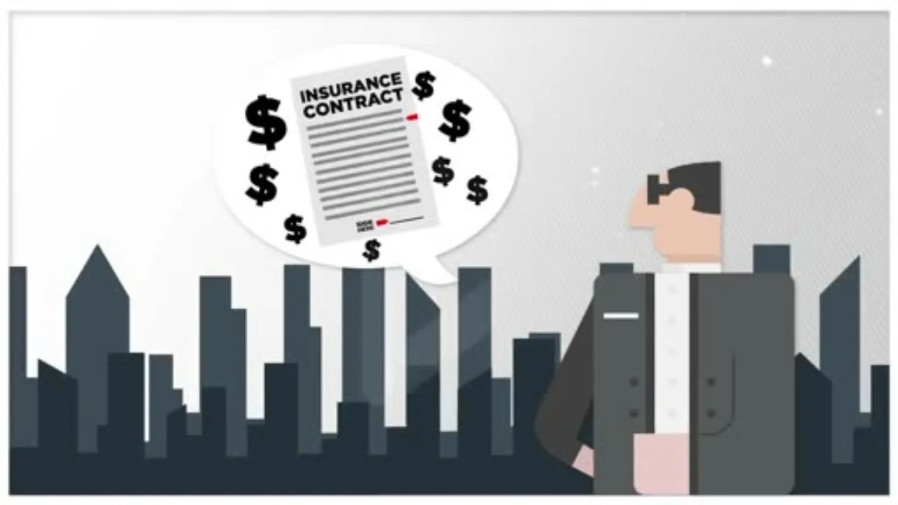 Animated illustration of a businessman looking at city skyscrapers with a speech bubble showing an insurance contract and dollar signs