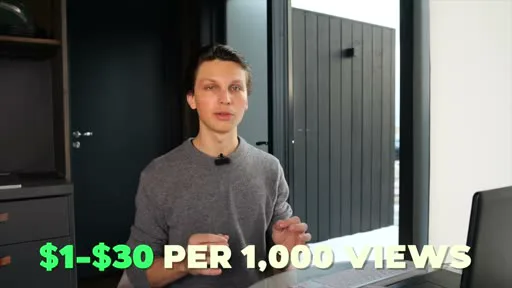 On-screen text overlay reading '$1–$30 PER 1,000 VIEWS' over a YouTuber speaking to camera