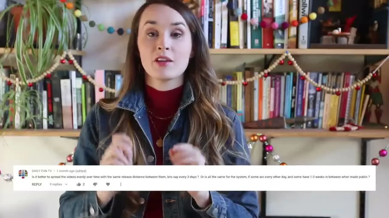 A YouTube Creator Insider video showing a viewer comment asking whether videos should be spread evenly over time or bunched together