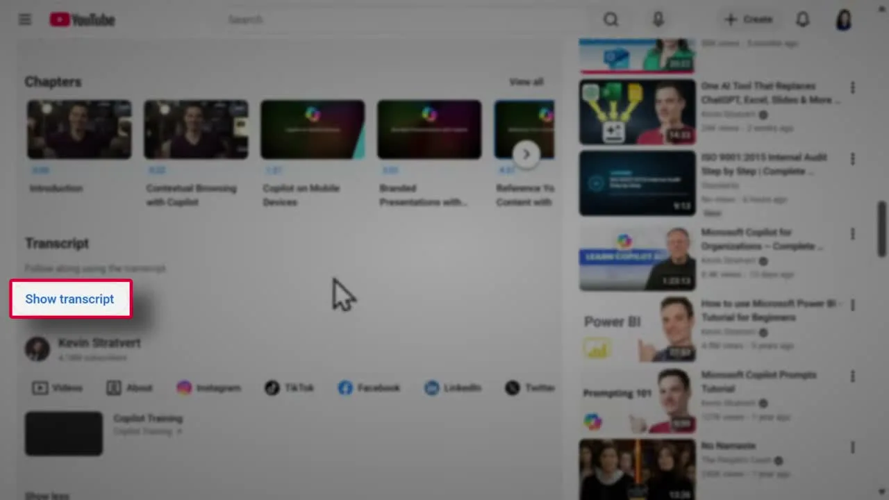 The Show transcript button below a YouTube video's expanded description, circled by the tutorial host