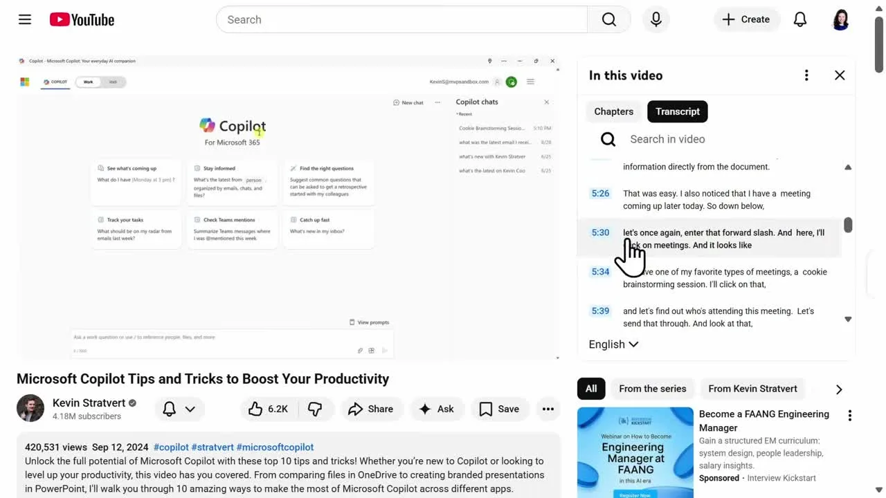 An open YouTube transcript panel showing Chapters and Transcript tabs, a search-in-video box, and timestamped caption lines