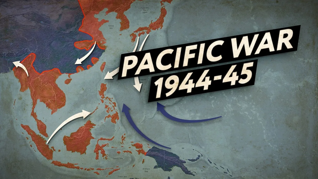 Animated campaign map titled Pacific War 1944-45 from a Real Time History documentary, built from archival footage and original graphics