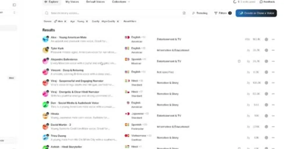 ElevenLabs voice library filtered by accent, age, and quality — the screen Syrax filters before picking a narration voice