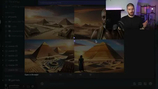 AI image generator producing a grid of thumbnail options inside Discord, part of a real DIY YouTube video with AI workflow