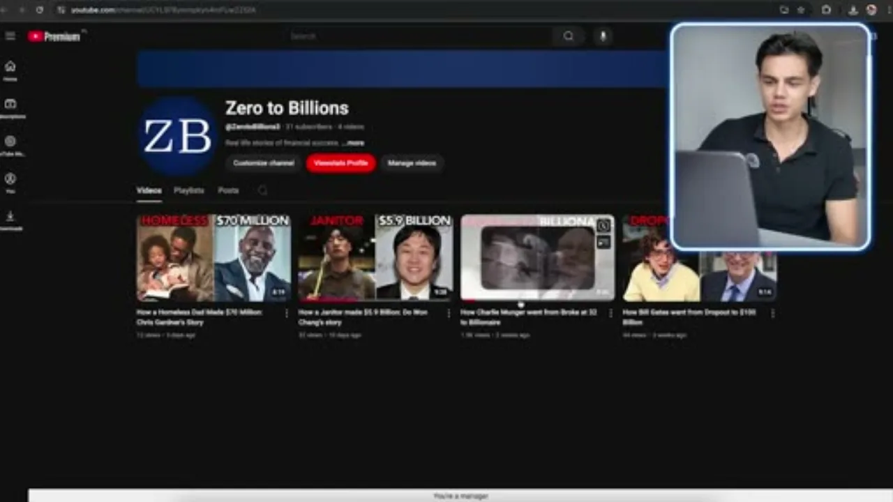 Zero to Billions faceless YouTube channel page showing subscriber count and video thumbnails