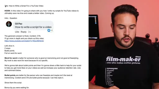 Nolan Molt's real YouTube script on screen, split into a written-out hook, bullet-point content sections, and a bonus-tip note promising a second hook mid-video