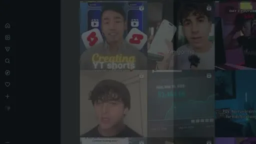 A grid of automation-guru clips, one showing a fake YouTube Studio revenue graph used as course-sales proof