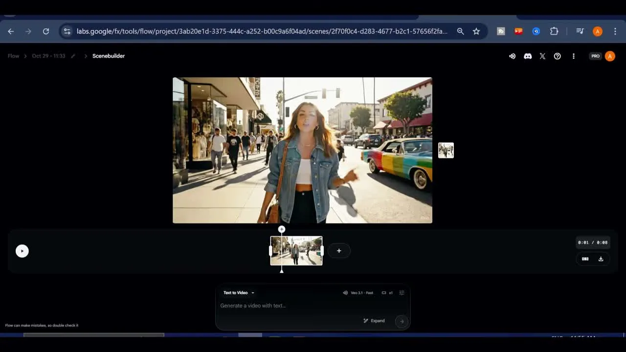 Google Flow's Scene Builder showing a chained Veo clip capped at 8 seconds, with the next scene added manually to the timeline