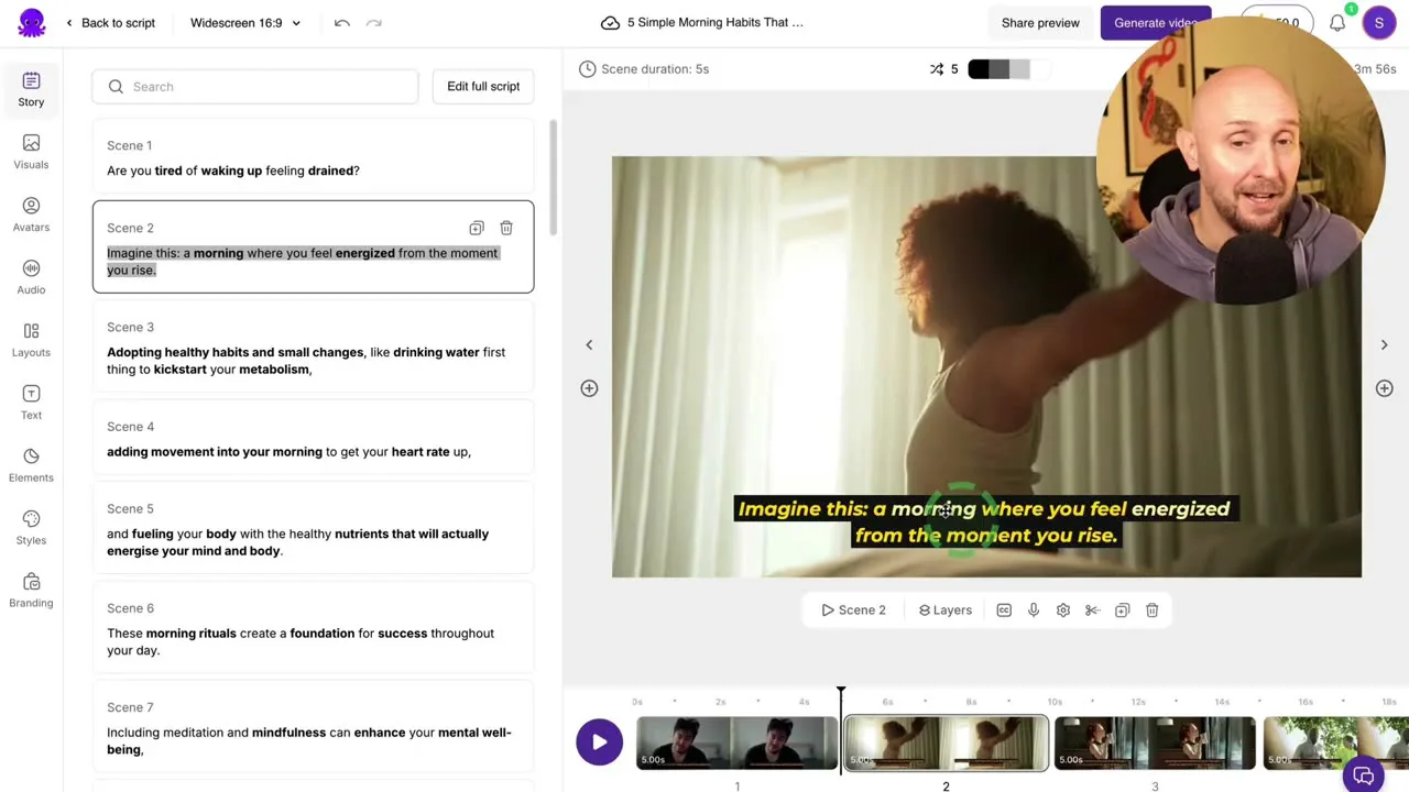 Pictory's per-scene editor with Scene 2 selected, showing an AI-matched stock image of a person stretching next to the caption text it was matched to