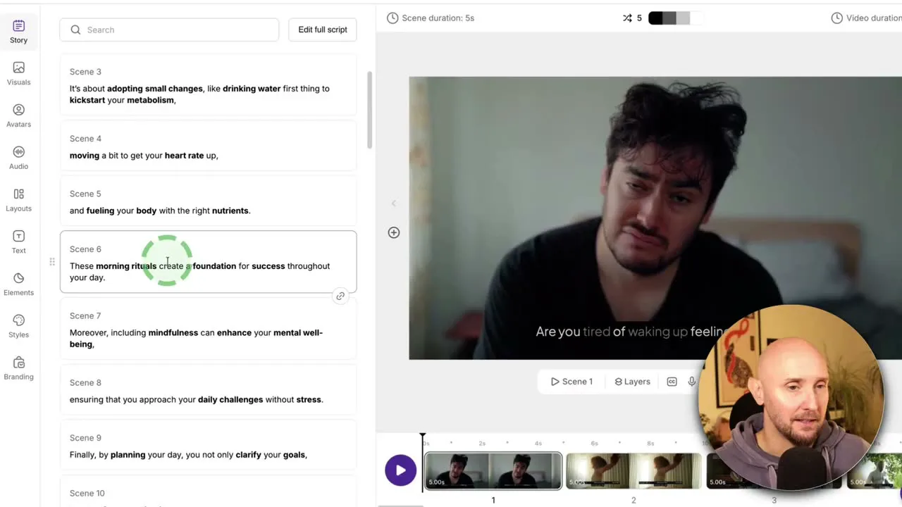 Pictory's script editor showing a script split into numbered scenes, one per sentence, next to the video preview and scene timeline