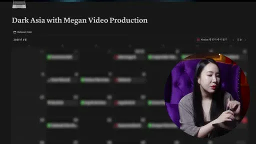 Notion production calendar tracking release dates, script deadlines, and filming schedules for a true crime YouTube channel
