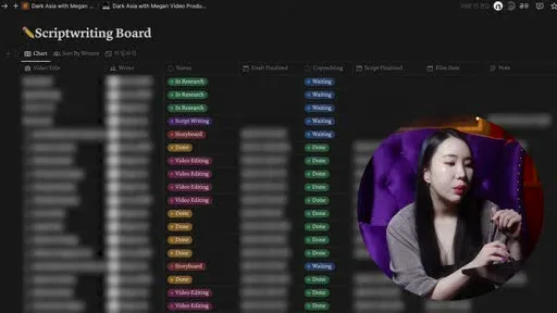 Notion scriptwriting board tracking a true crime video through In Research, Script Writing, Storyboard, Video Editing, and Done
