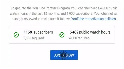 The current YouTube Partner Program requirements screen showing 4,000 public watch hours and 1,000 subscribers needed for YouTube automation monetization, before the 2027 increase to 8,000 hours