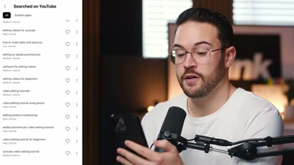 YouTube Studio's Research tab showing a list of terms searched on YouTube, including 'editing videos for youtube' and 'video editing tutorial,' each tagged with a search-volume level